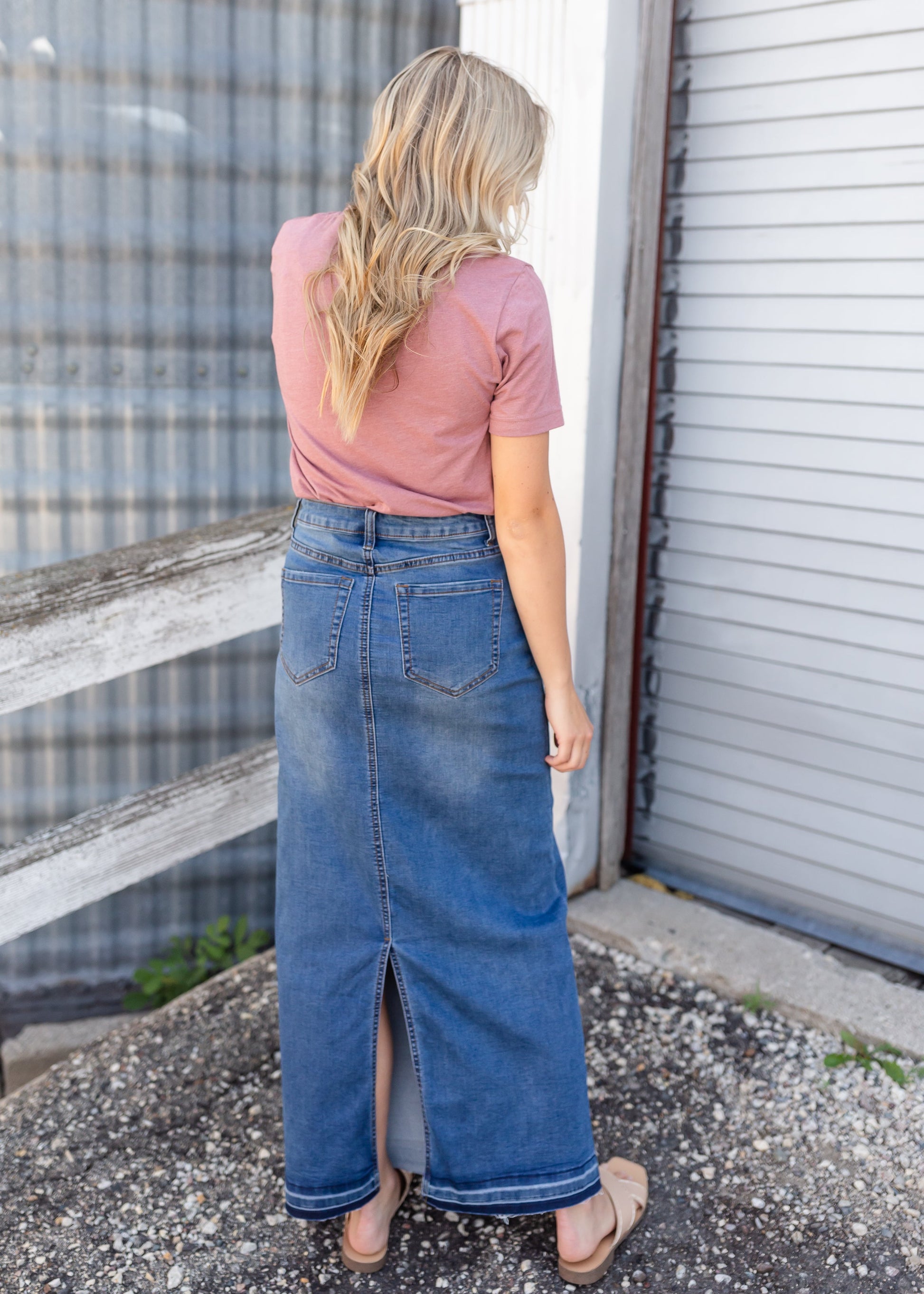 Cheyenne Distressed Raw Hem Long Denim Skirt Skirts