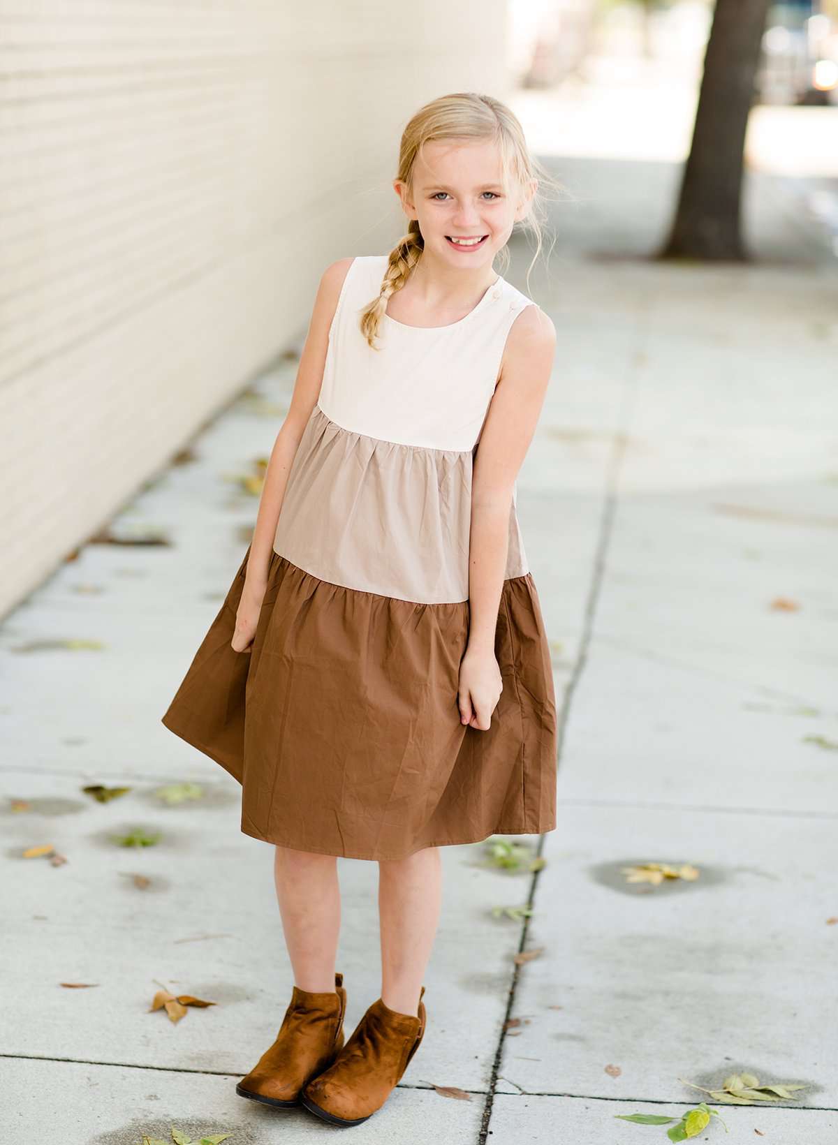 Modest Girls Brown and Tan Tiered Sleeveless Midi Dress