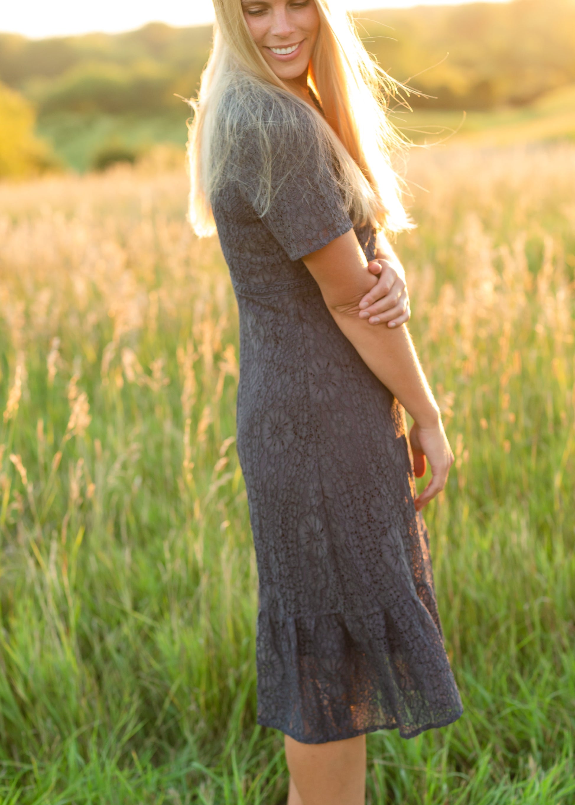 Classic Embroidered Charcoal Navy Midi Dress - FINAL SALE Dresses