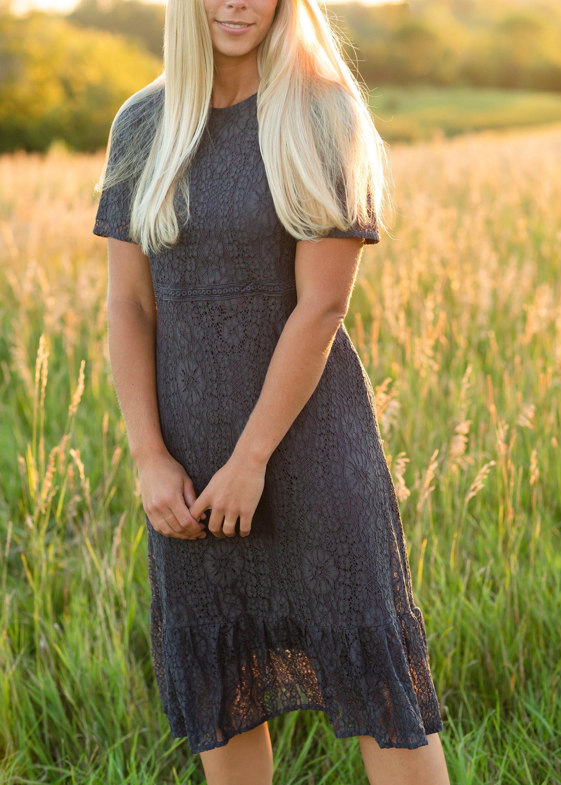 Classic Embroidered Charcoal Navy Midi Dress - FINAL SALE Dresses