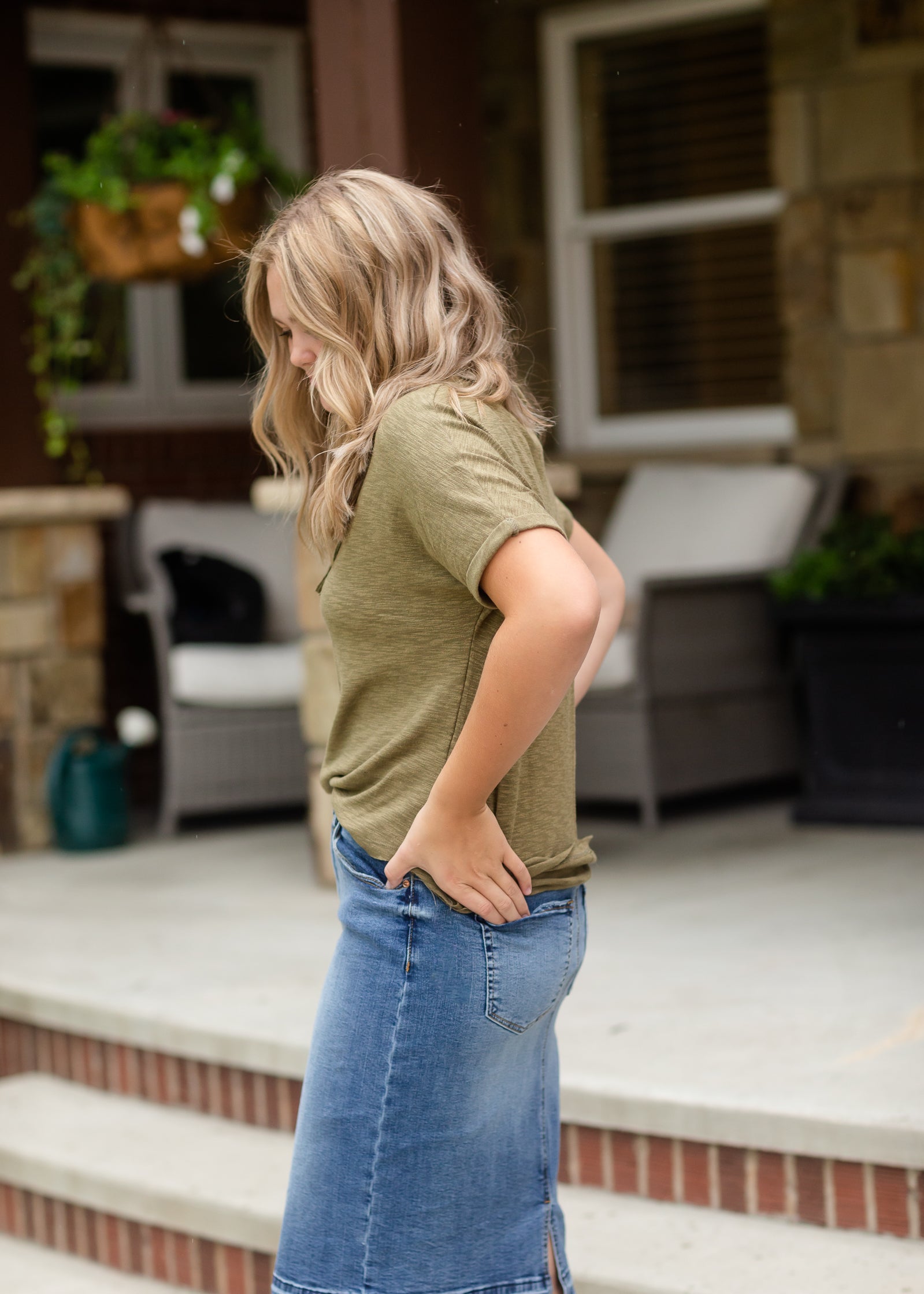 Classic Olive Rolled Button Up Tee - FINAL SALE Tops