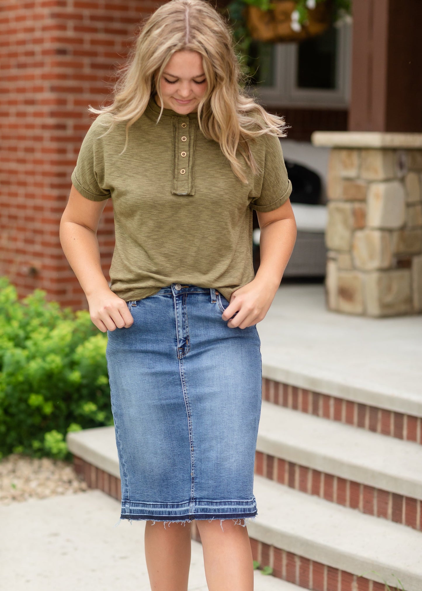 Classic Olive Rolled Button Up Tee - FINAL SALE Tops