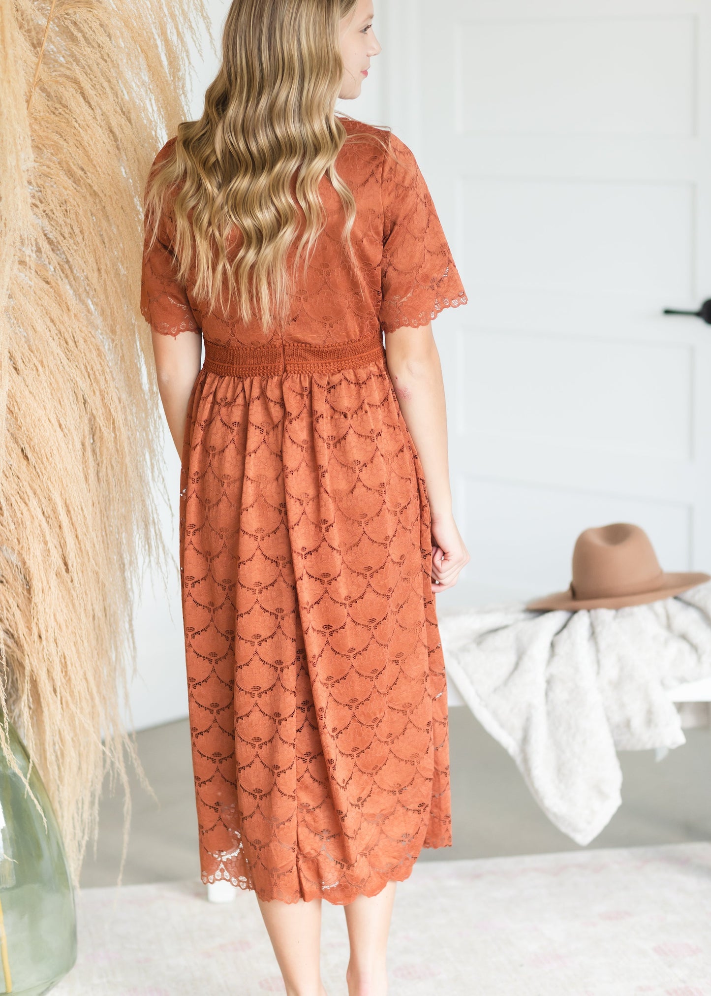 Cognac Scallop Lace Midi Dress - FINAL SALE Dresses