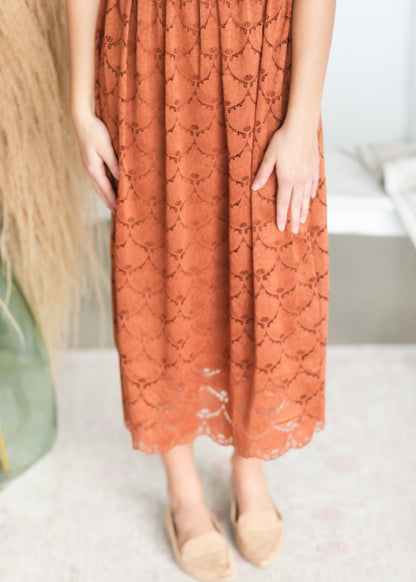 Cognac Scallop Lace Midi Dress - FINAL SALE Dresses