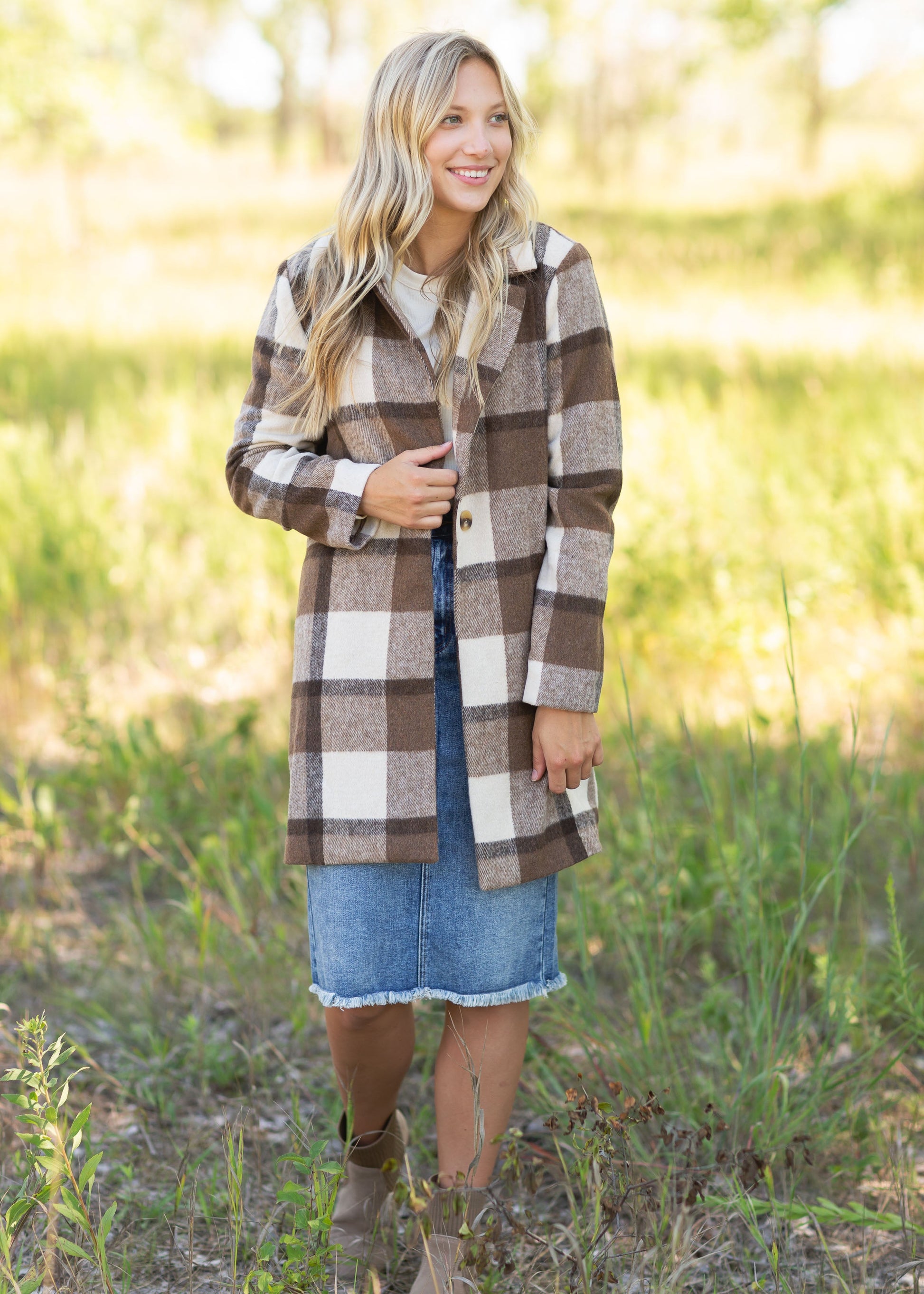 Collared Long Sleeve Plaid Coat Tops