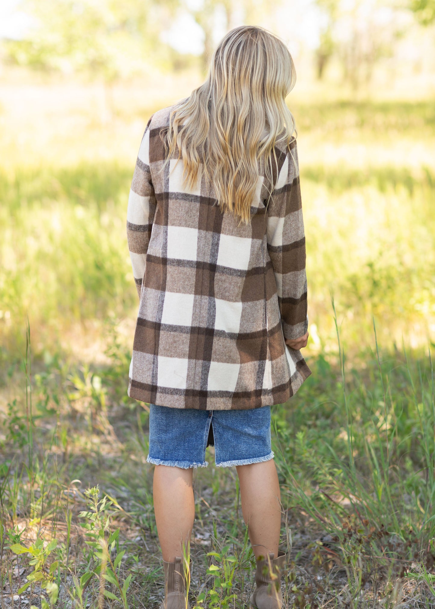 Collared Long Sleeve Plaid Coat Tops