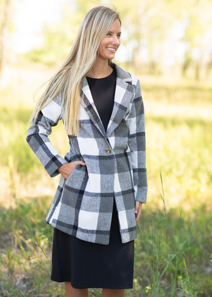 Collared Long Sleeve Plaid Coat Tops