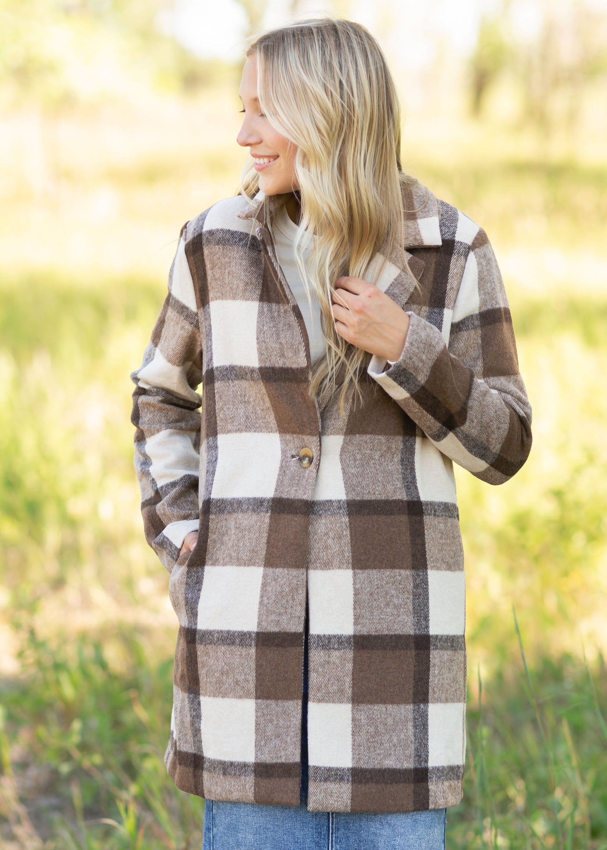 Collared Long Sleeve Plaid Coat Tops