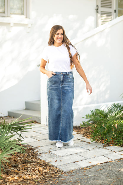 Coming Soon! Dakotah Raw Hem Long Denim Skirt Skirts