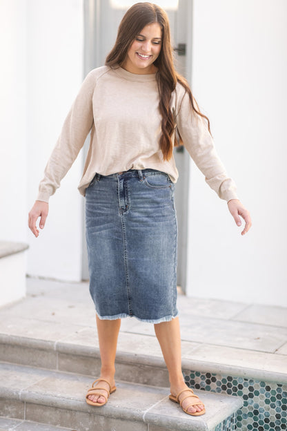 Coming Soon! Drew Raw Hem Midi Denim Skirt Skirts