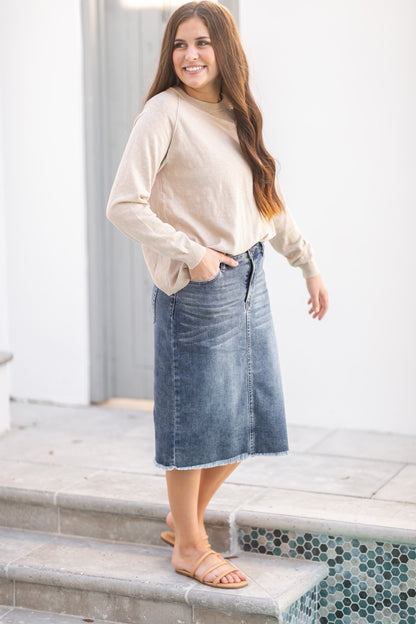 Coming Soon! Drew Raw Hem Midi Denim Skirt Skirts