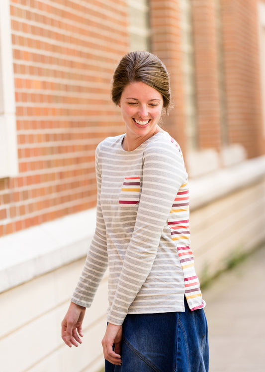 ladies long sleeve multi color striped contrast top