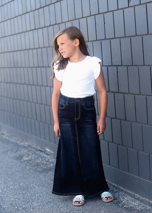 girls dark denim long skirt with adorable back pocket stitching