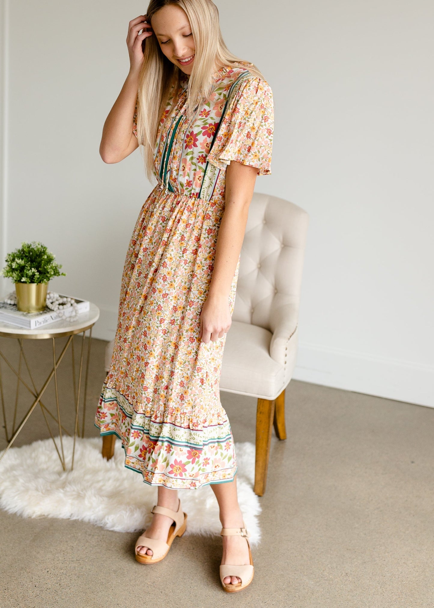 Coral Floral Tie Neck Midi Dress Dresses