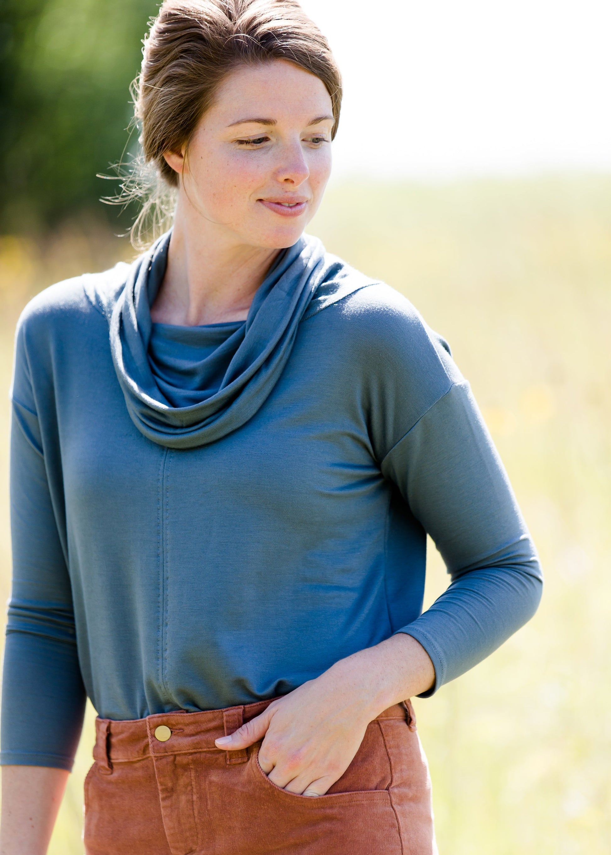 teal cowl neck sweater