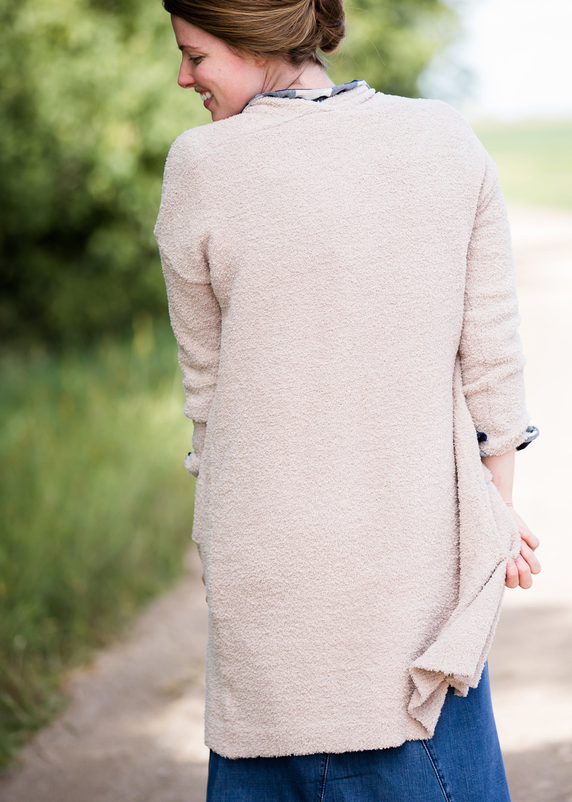 cozy sherpa long duster cardigan in taupe