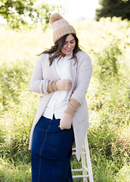 cozy sherpa long duster cardigan in taupe