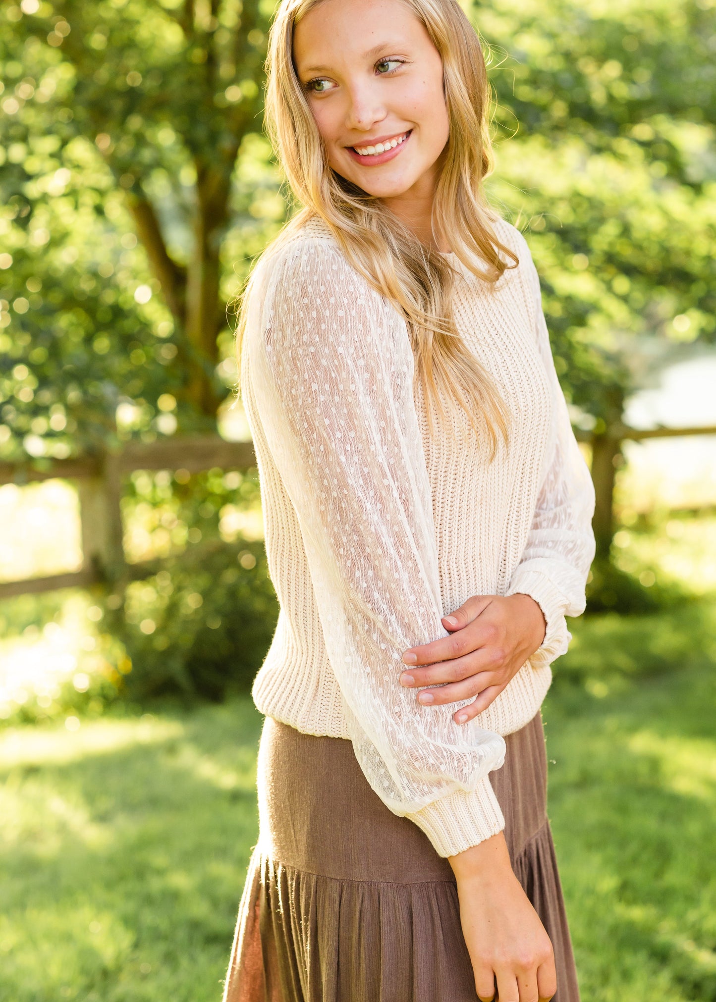 Cream Crochet Sweater W/ Sheer Sleeves Tops