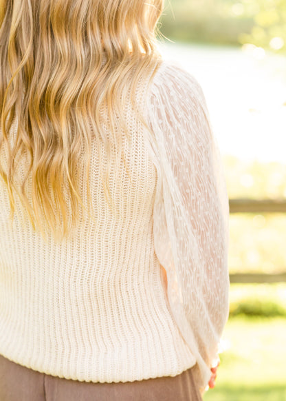 Cream Crochet Sweater W/ Sheer Sleeves Tops