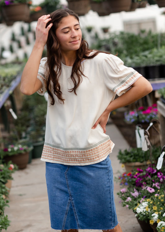 Cream Embroidered Sleeve Lace Trim Shirt Tea N Rose