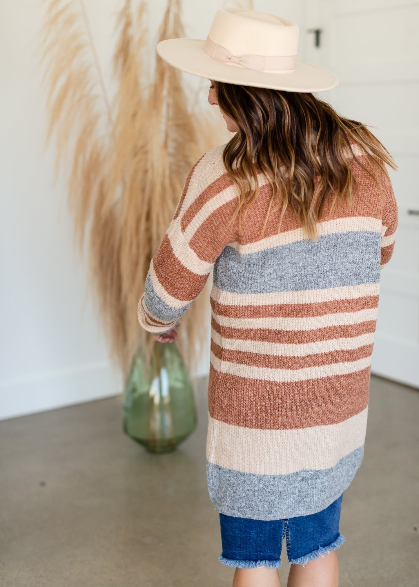 Cream + Rust Striped Long Cardigan Tops Inherit