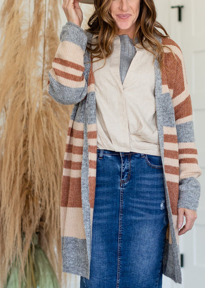 Cream + Rust Striped Long Cardigan Tops Inherit