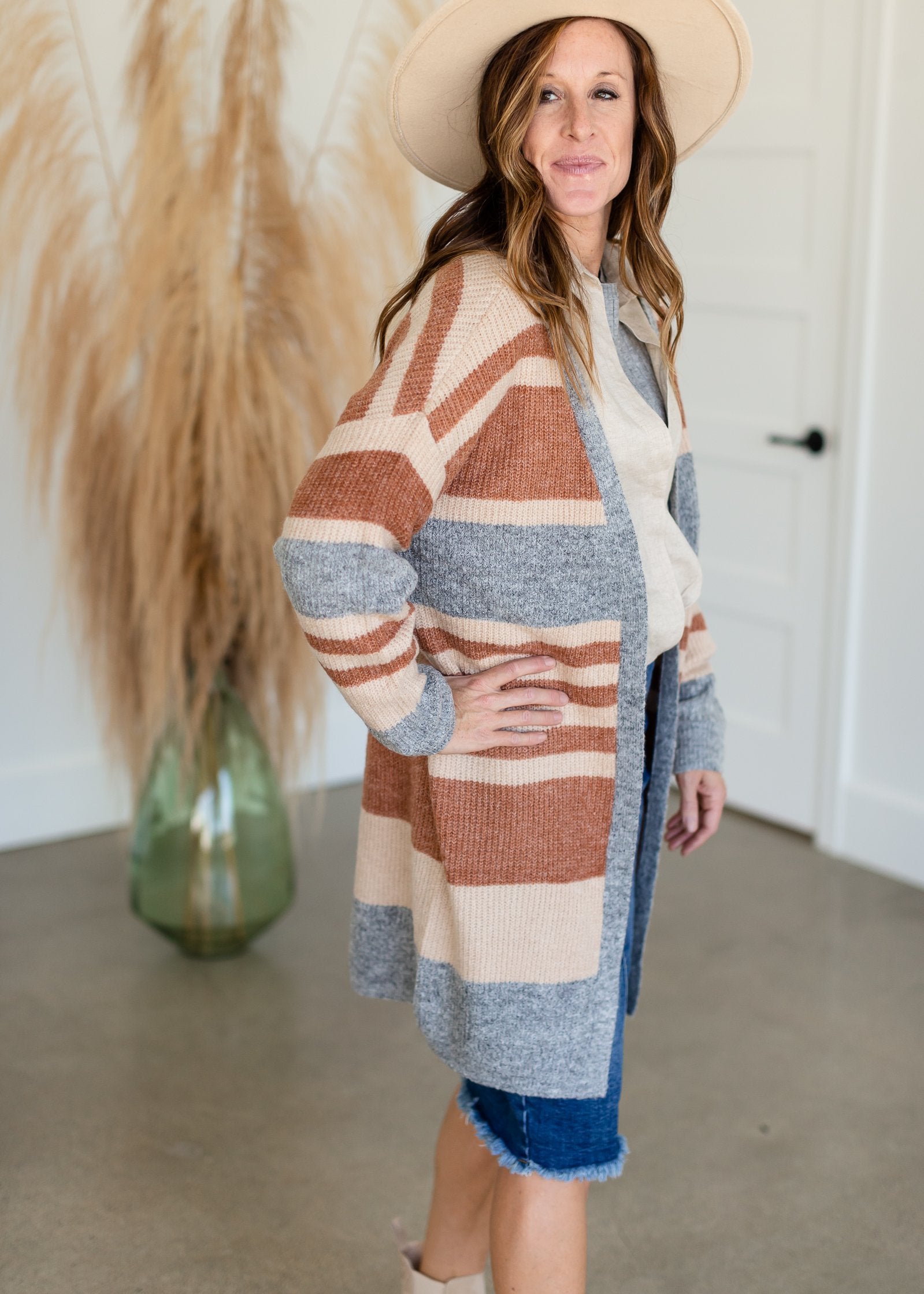 Cream + Rust Striped Long Cardigan Tops Inherit