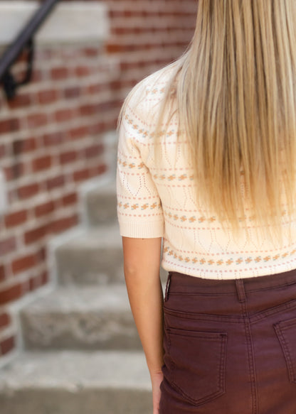 Cream Textured Short Sleeve Sweater Tops Polygram