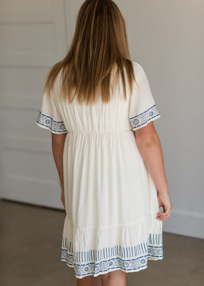 Cream V-Neck Embroidered Dress - FINAL SALE Dresses