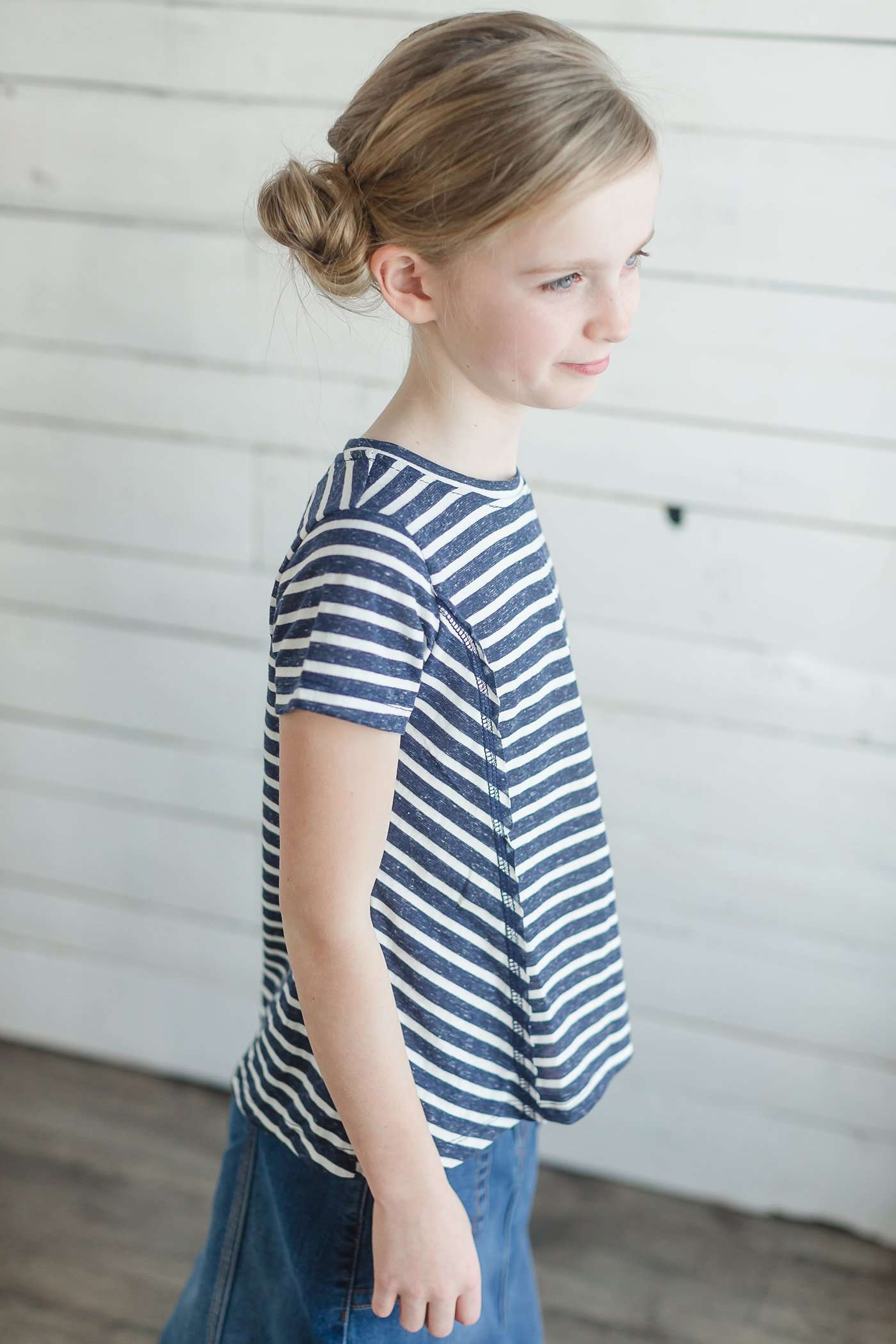 navy and white or pink and white striped girls short sleeve tee with raw edge front.