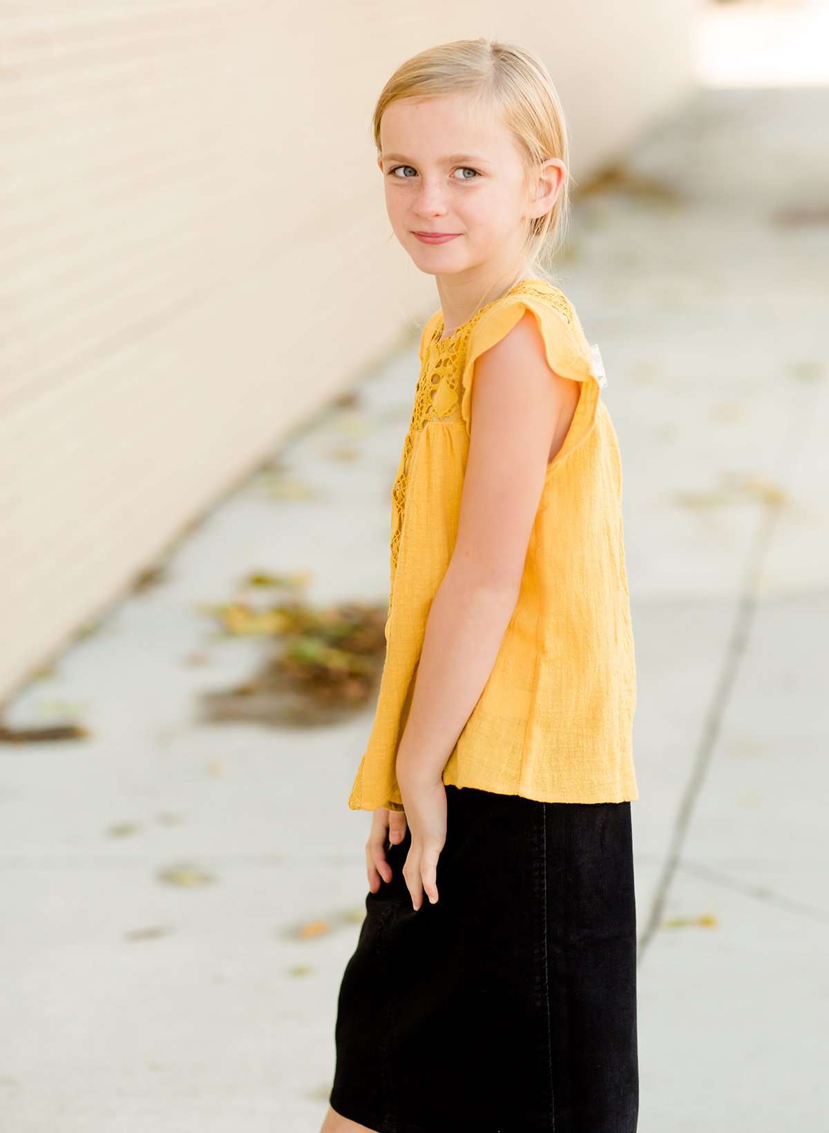 Modest Girls Mustard Crochet Knit Flutter Sleeve Shirt