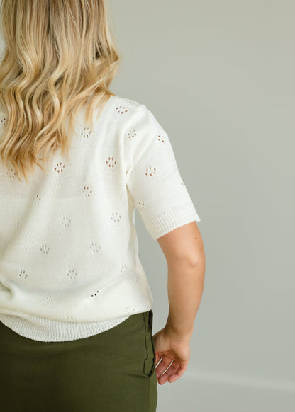 Crochet Print Ivory Short Sleeve Sweater - FINAL SALE Tops