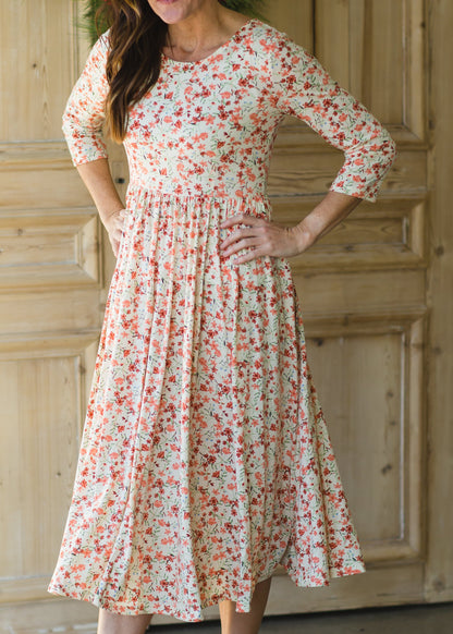 Dainty Coral Floral Midi Dress Dresses