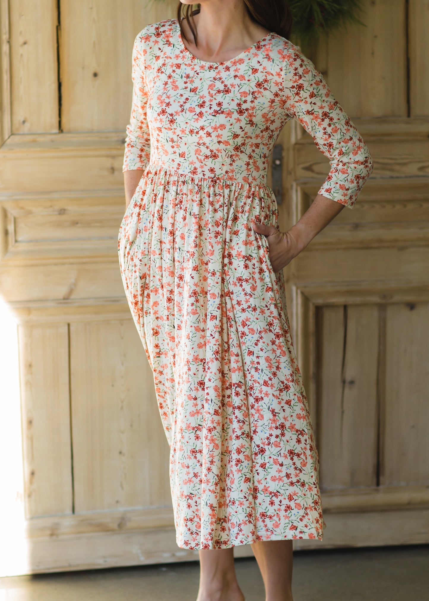 Dainty Coral Floral Midi Dress Dresses