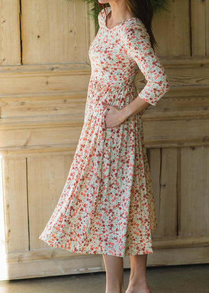 Dainty Coral Floral Midi Dress Dresses