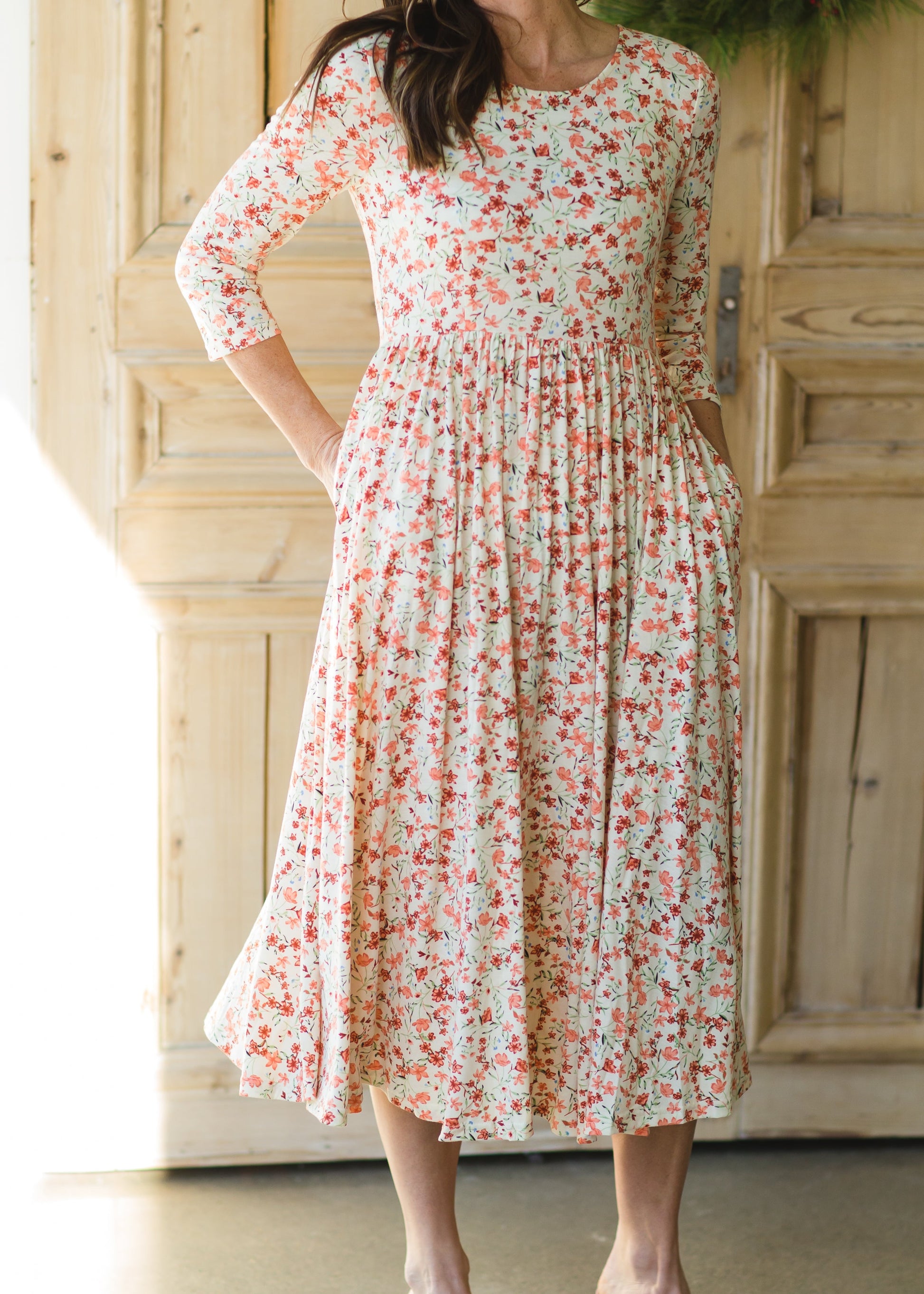 Dainty Coral Floral Midi Dress Dresses