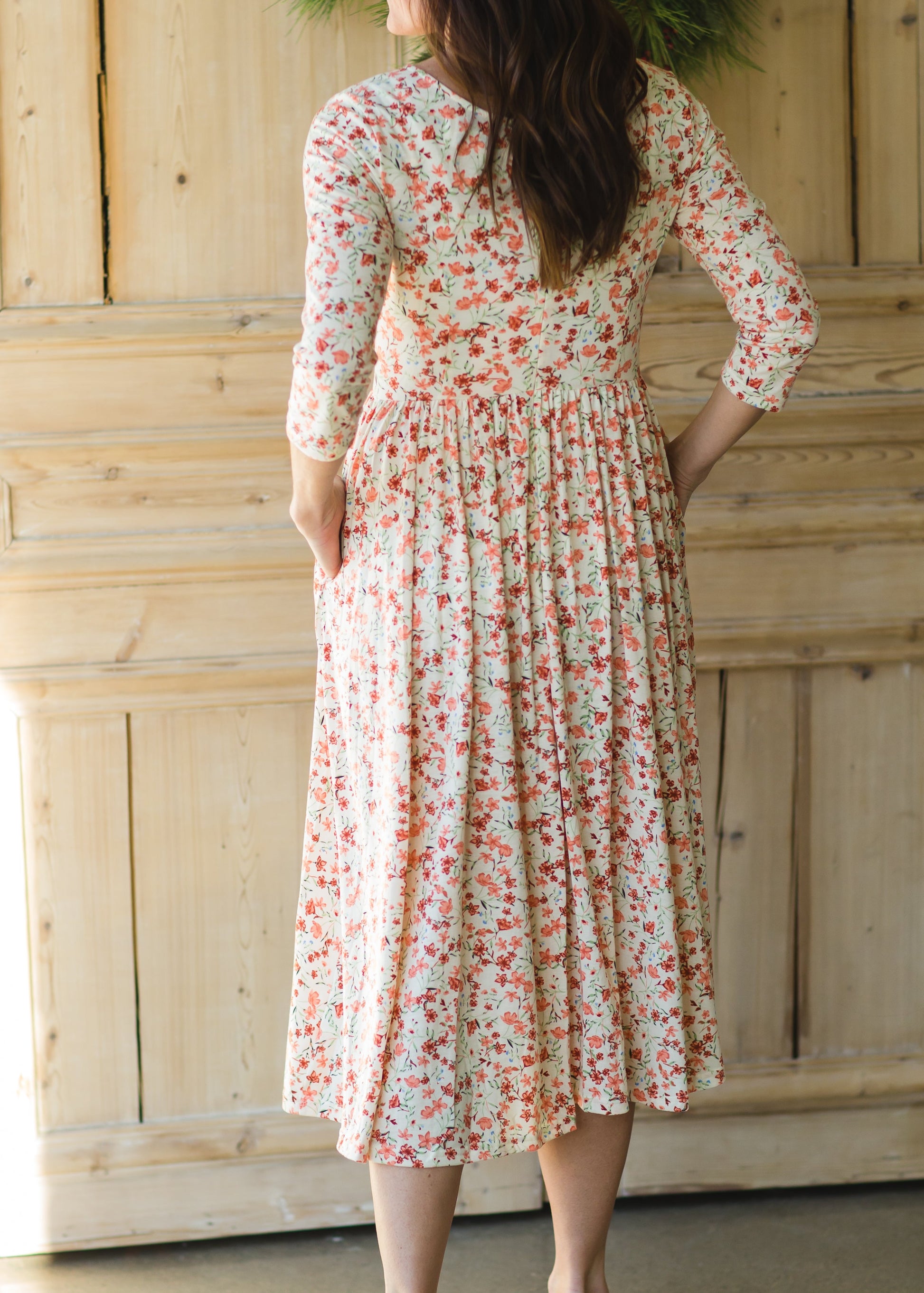 Dainty Coral Floral Midi Dress Dresses