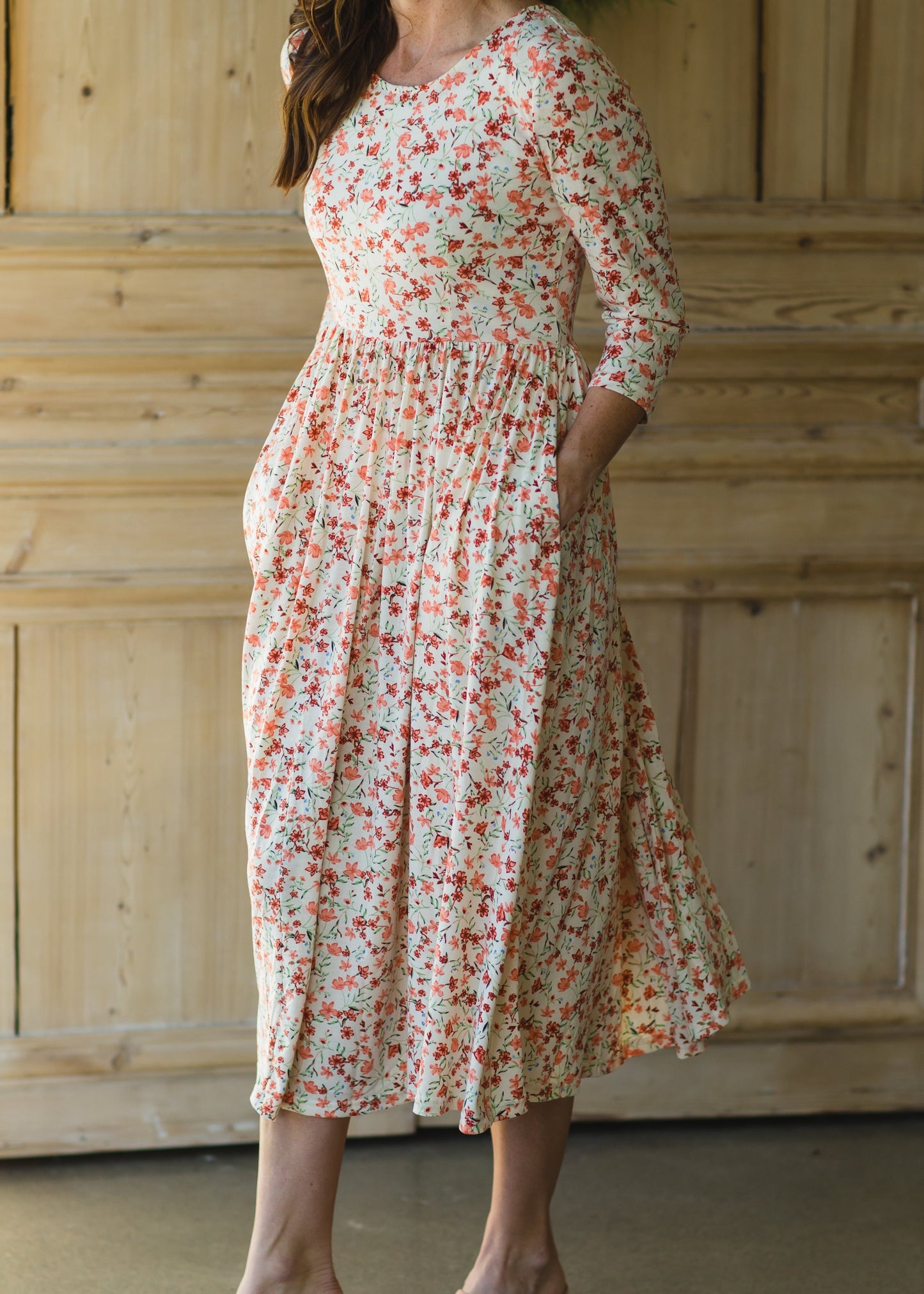 Dainty Coral Floral Midi Dress Dresses