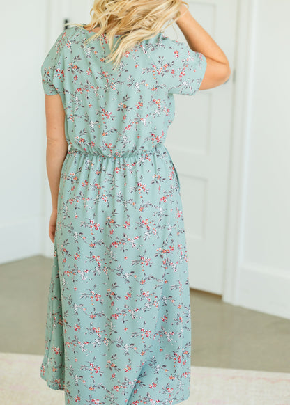 Dainty Floral Sage Waist Tie Midi Dress - FINAL SALE Dresses