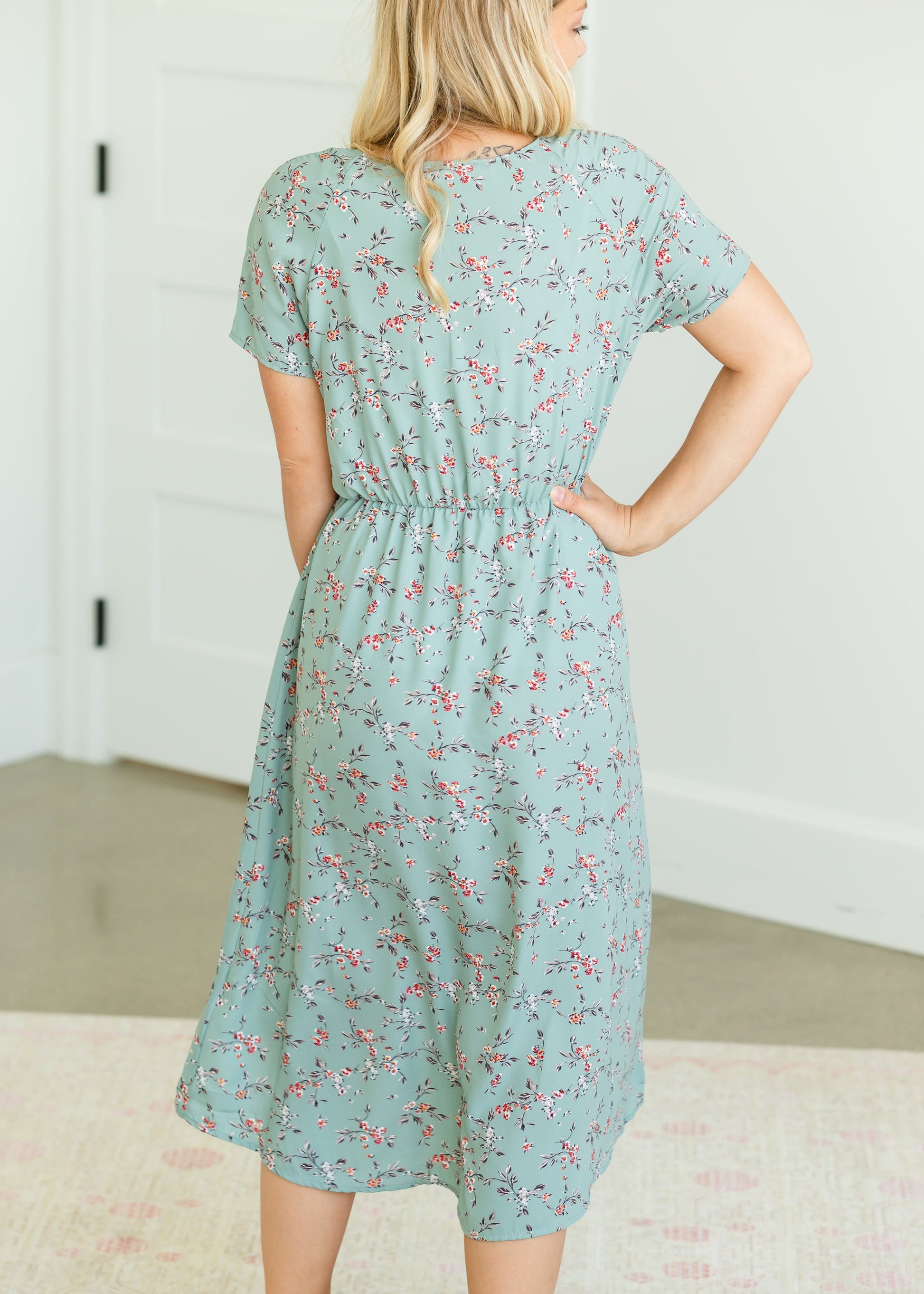 Dainty Floral Sage Waist Tie Midi Dress - FINAL SALE Dresses