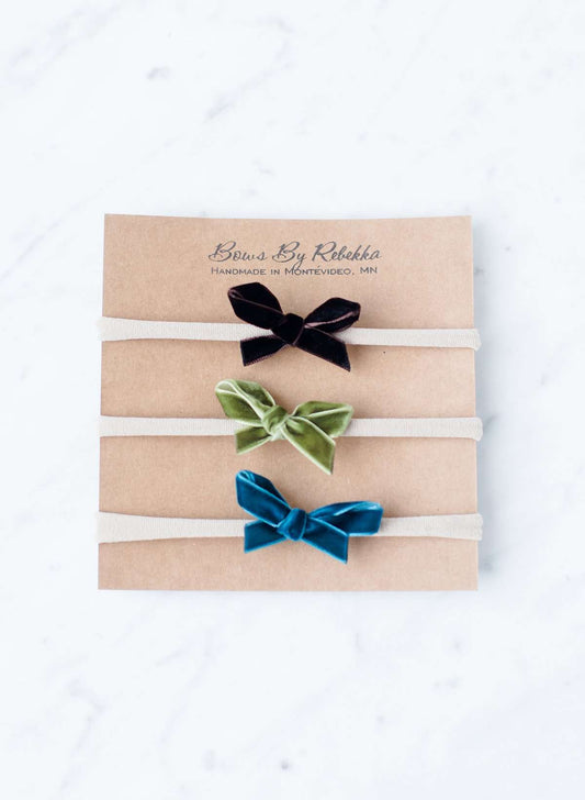 girls brown olive and teal velvet bows, set of three.