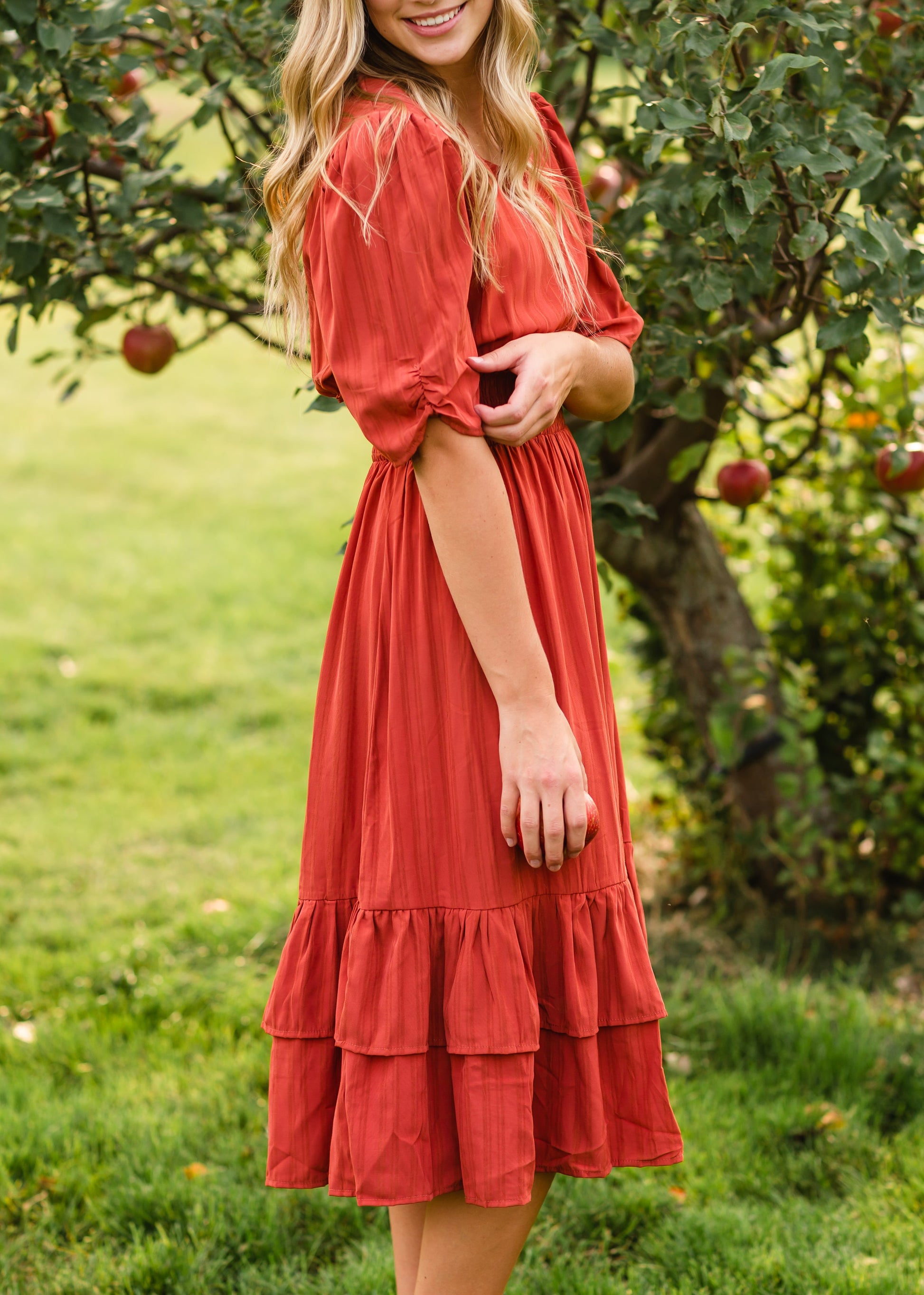 Dark Coral Ruffle Flare Midi Dress Dresses