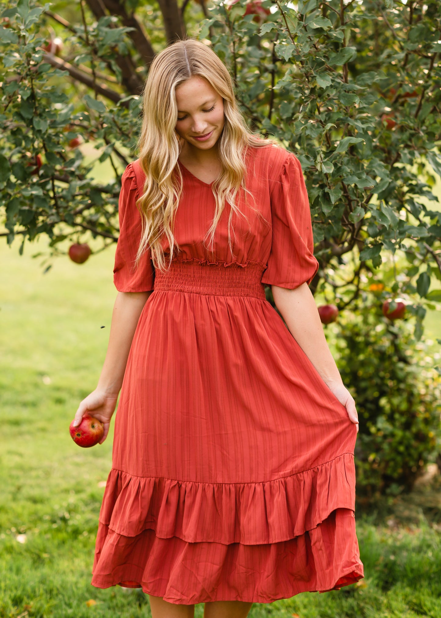 Dark Coral Ruffle Flare Midi Dress Dresses