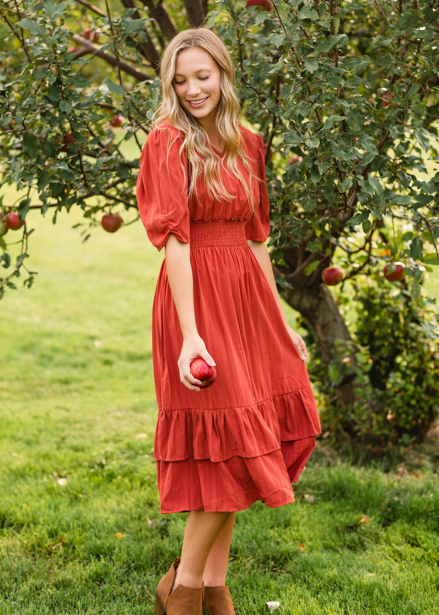 Dark Coral Ruffle Flare Midi Dress Dresses