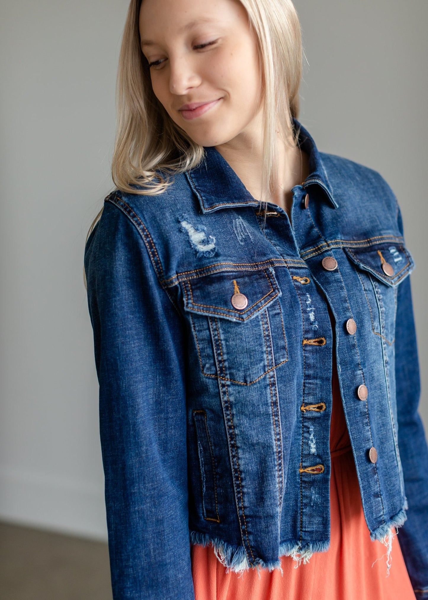 Dark Wash Distressed Denim Jacket - FINAL SALE Tops Risen