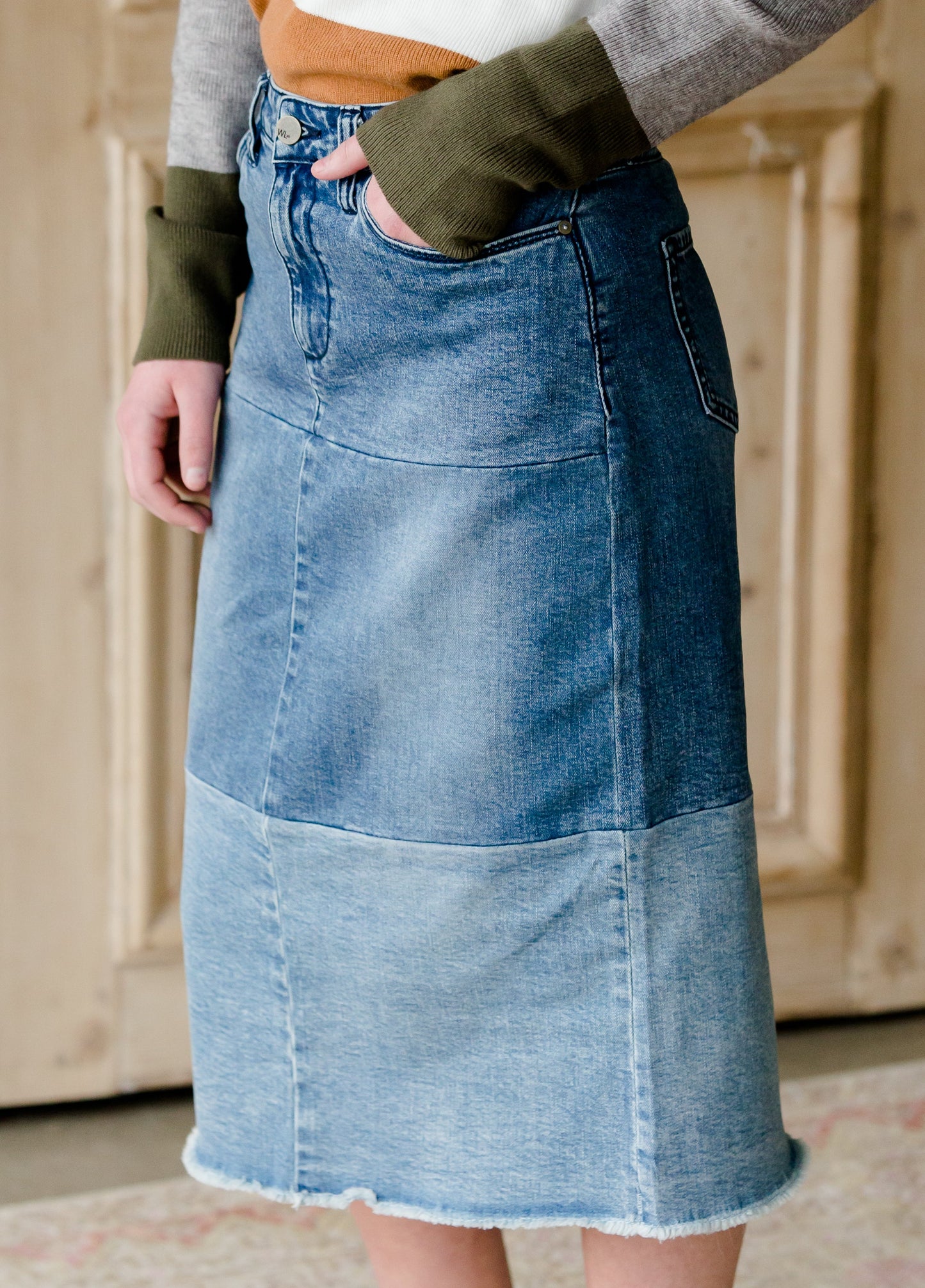 Denim Blocked Midi Jean Skirt - FINAL SALE Skirts