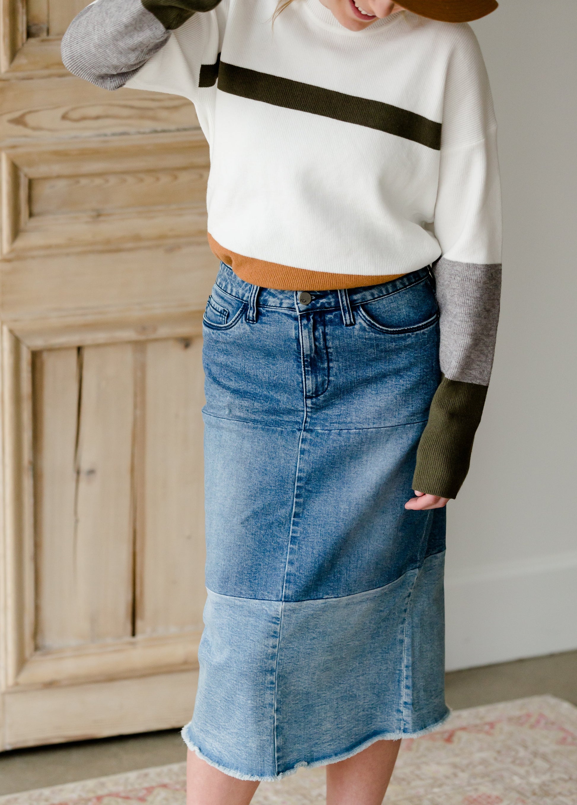 Denim Blocked Midi Jean Skirt - FINAL SALE Skirts