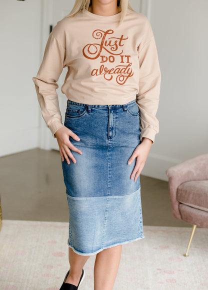 Denim Blocked Midi Jean Skirt - FINAL SALE Skirts