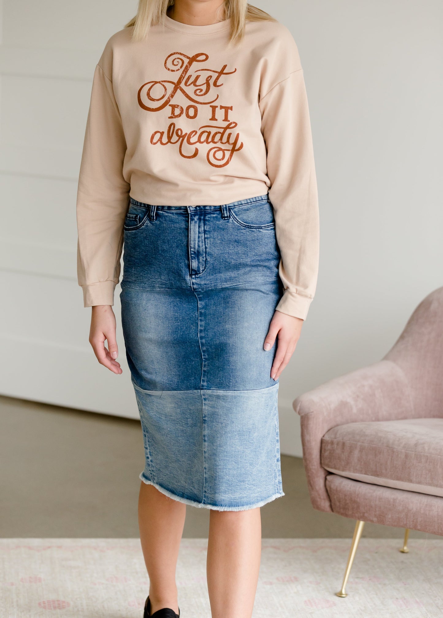 Denim Blocked Midi Jean Skirt - FINAL SALE Skirts