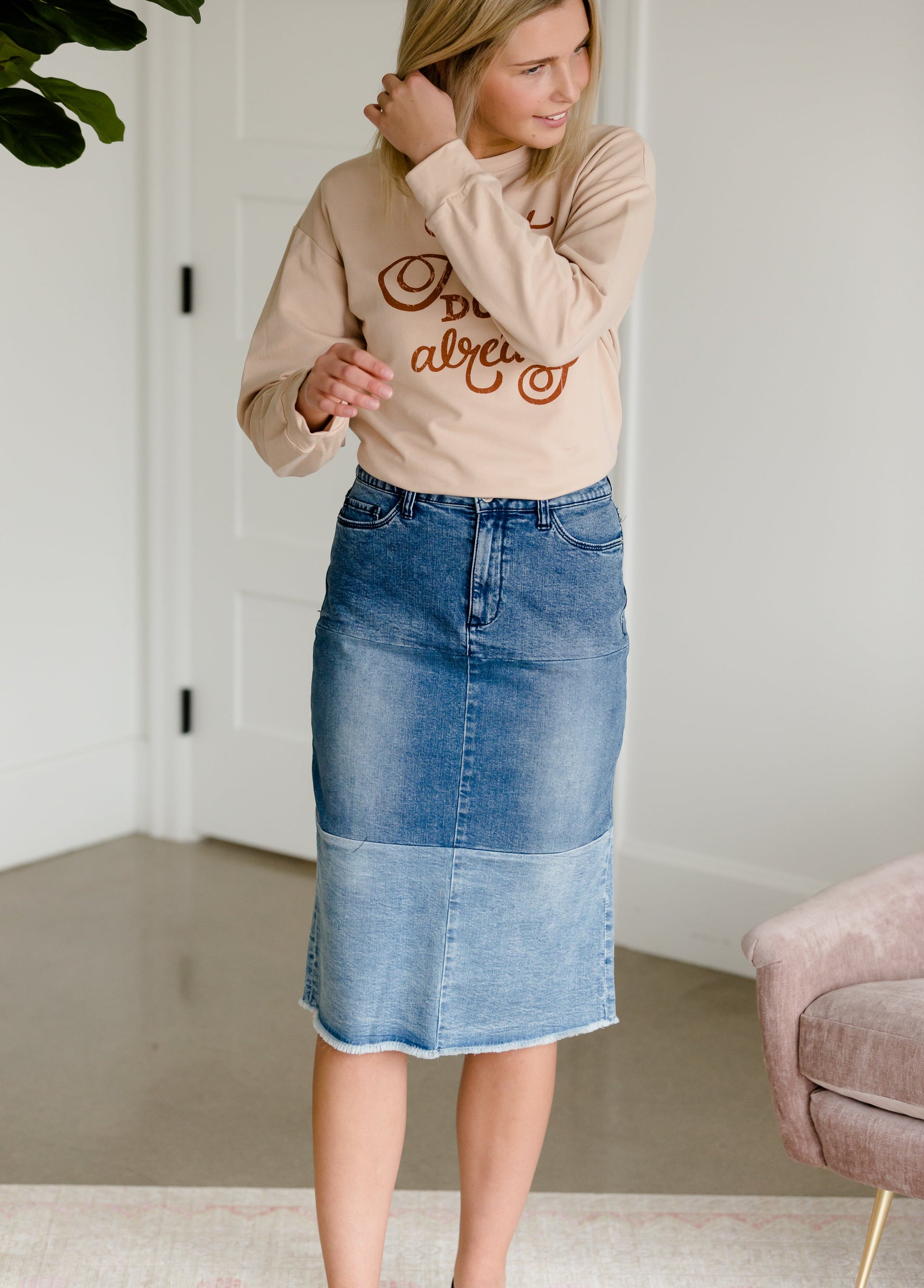 Denim Blocked Midi Jean Skirt - FINAL SALE Skirts